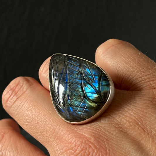 Carved Labradorite Sterling Silver Ring - Size R
