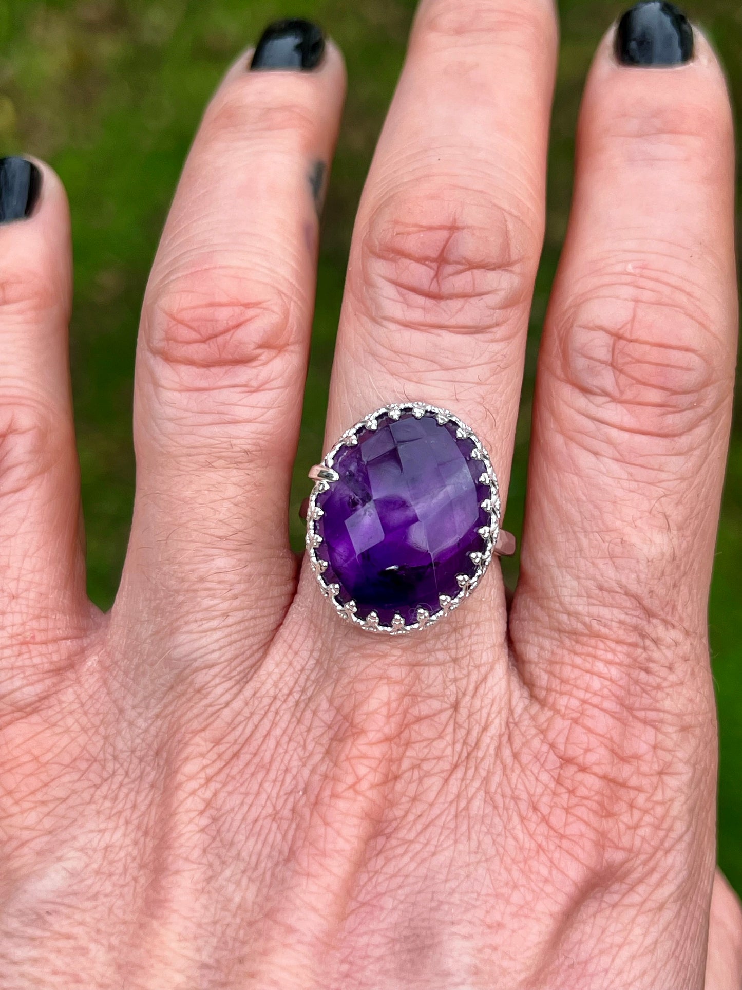 Faceted Amethyst Sterling Silver Crown Ring - Size S