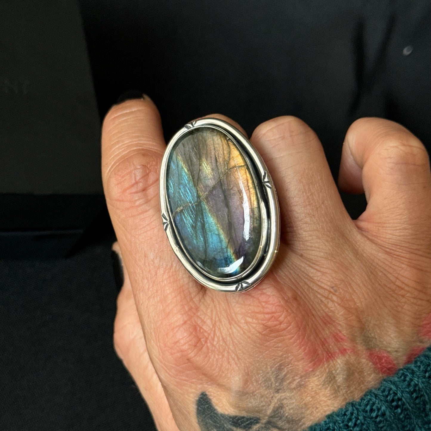 Large Oval Multi Flash Labradorite Sterling Silver Ring - Size S