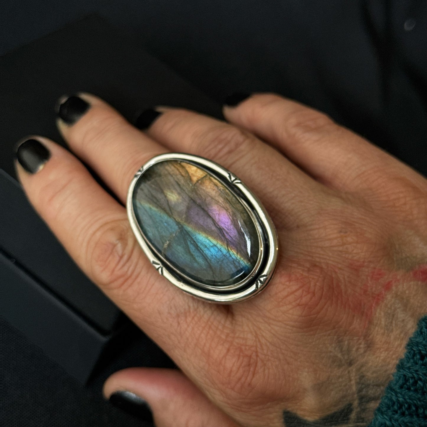 Large Oval Multi Flash Labradorite Sterling Silver Ring - Size S