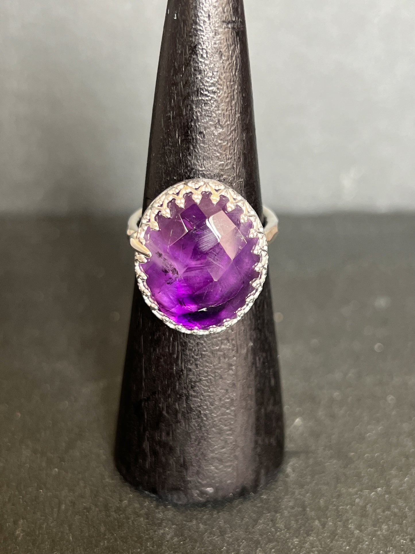 Faceted Amethyst Sterling Silver Crown Ring - Size S