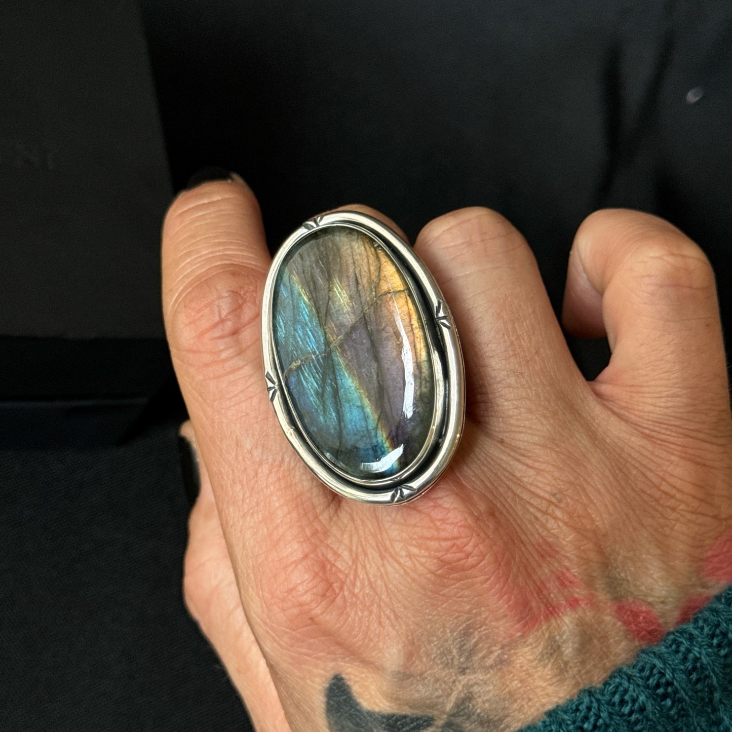 Large Oval Multi Flash Labradorite Sterling Silver Ring - Size S