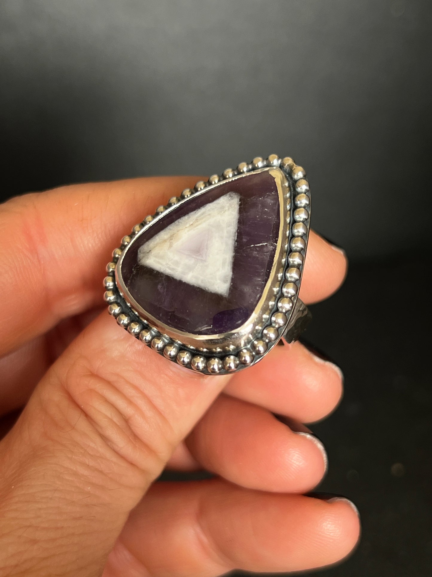 Trapiche Amethyst Sterling Silver Beaded Ring - Size P