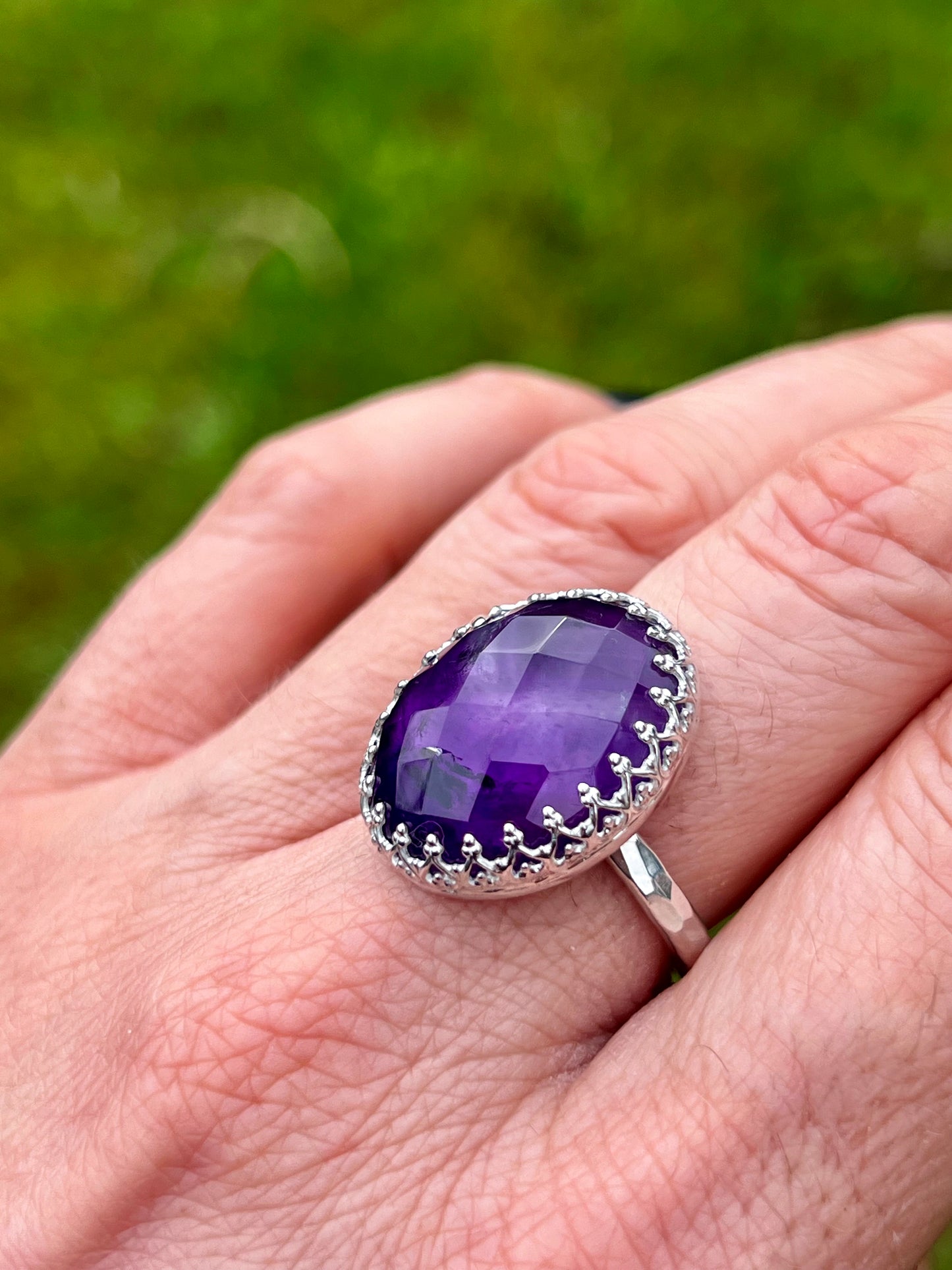 Faceted Amethyst Sterling Silver Crown Ring - Size S