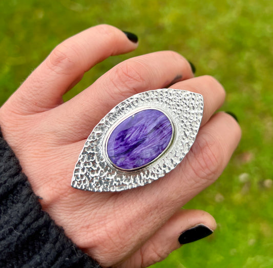 Charoite Hammered Shield Sterling Silver Ring - Size O
