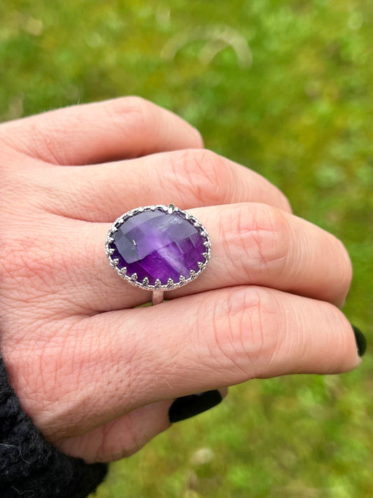 Faceted Amethyst Sterling Silver Crown Ring - Size S