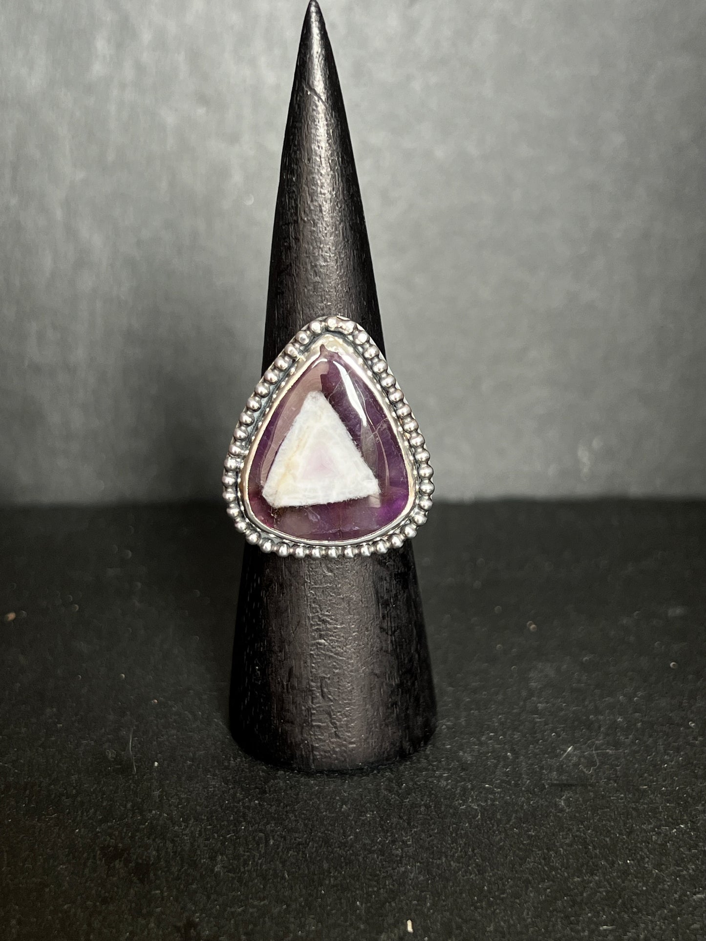 Trapiche Amethyst Sterling Silver Beaded Ring - Size P