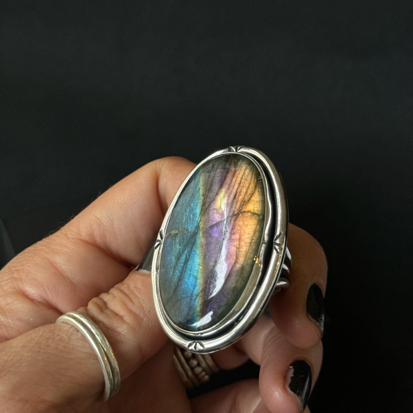 Large Oval Multi Flash Labradorite Sterling Silver Ring - Size S