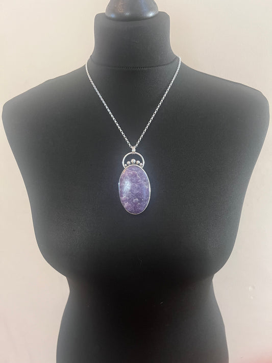 Large Oval Lepidolite Sterling Silver Necklace