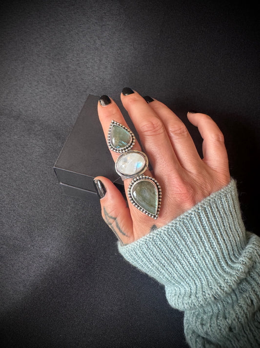Labradorite and Rainbow Moonstone Triple Stone Sterling Silver Ring - Size R 1/2