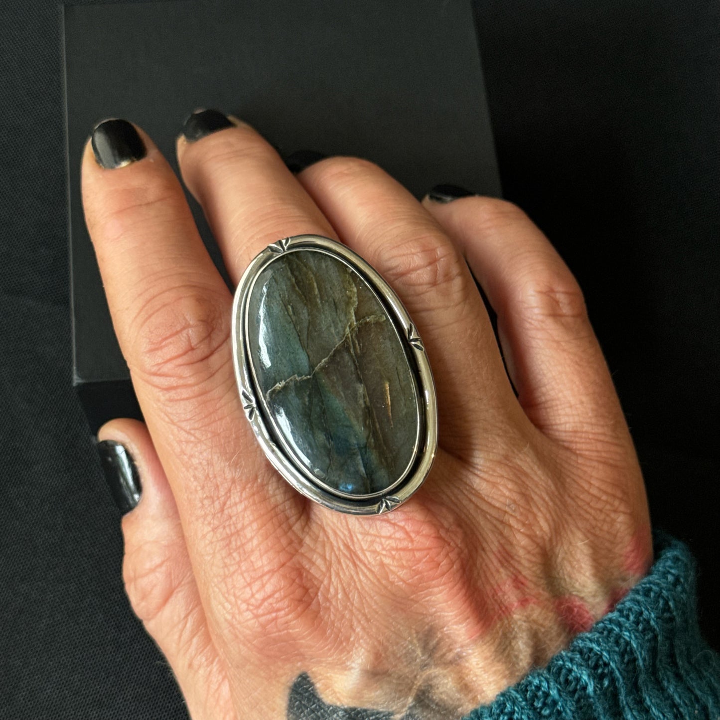 Large Oval Multi Flash Labradorite Sterling Silver Ring - Size S