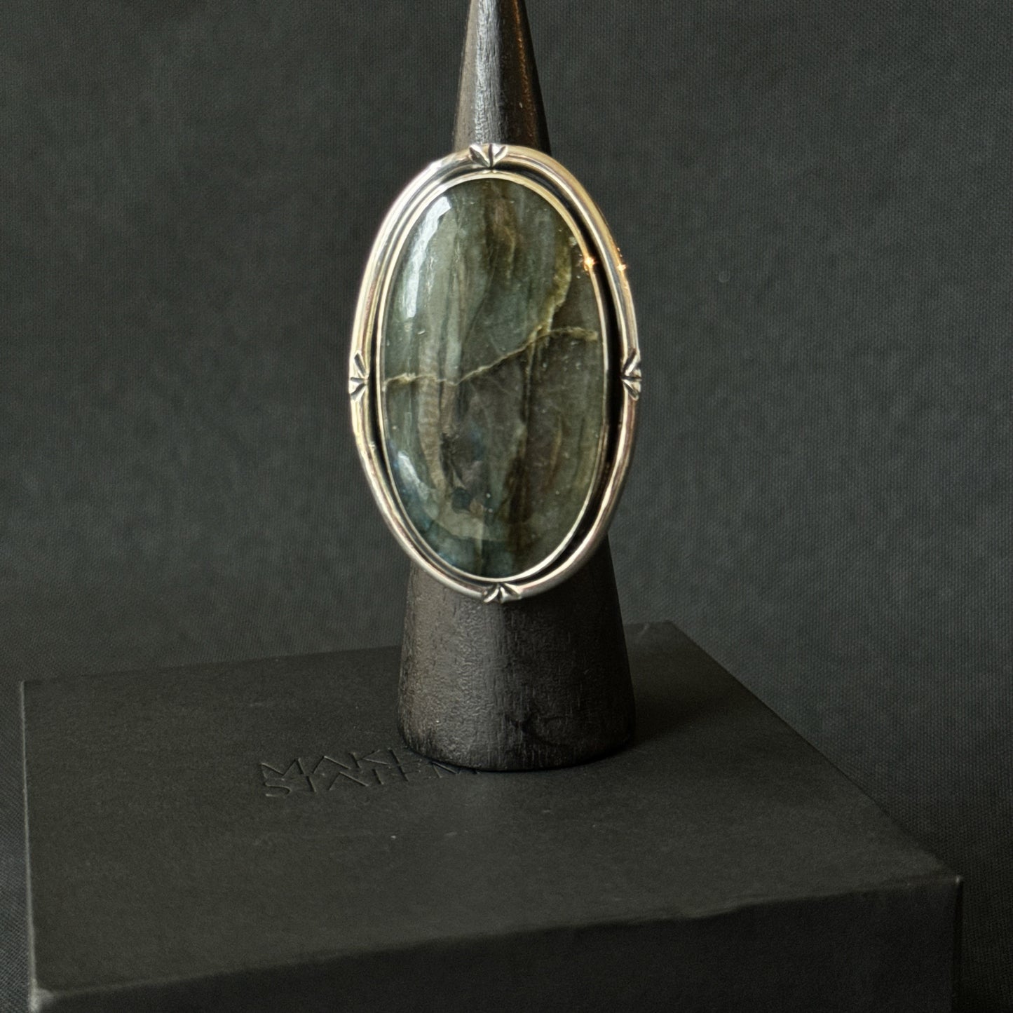 Large Oval Multi Flash Labradorite Sterling Silver Ring - Size S