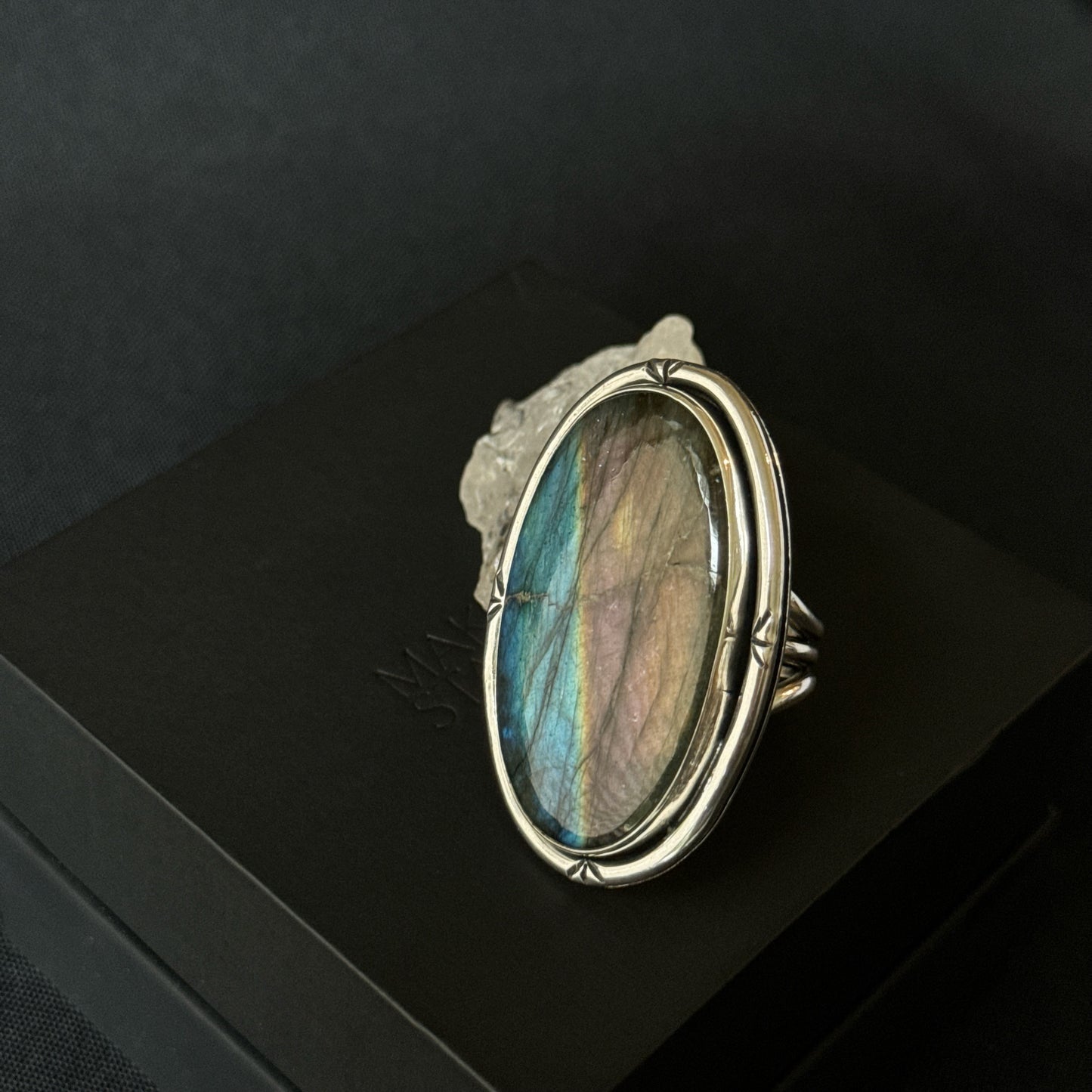 Large Oval Multi Flash Labradorite Sterling Silver Ring - Size S