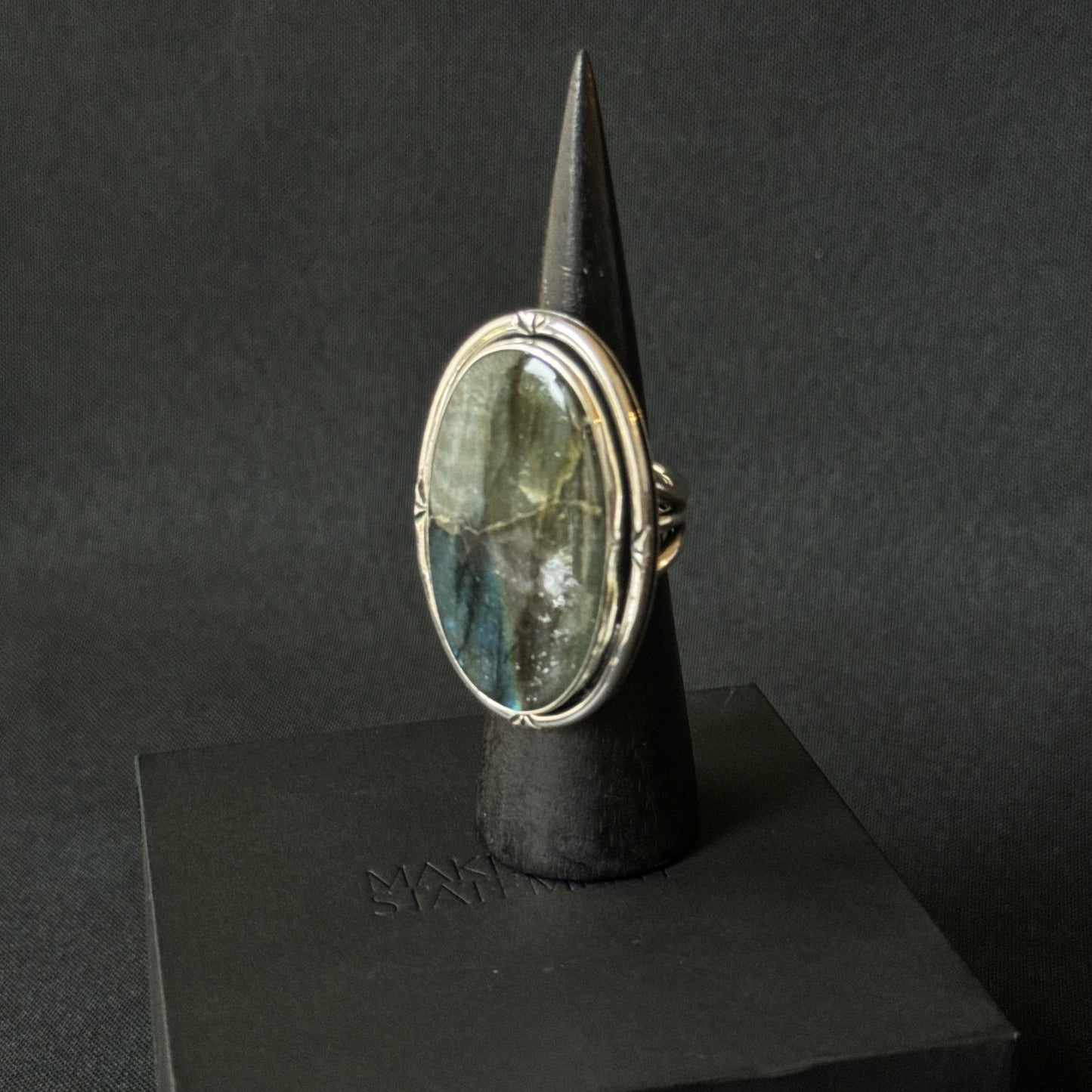 Large Oval Multi Flash Labradorite Sterling Silver Ring - Size S