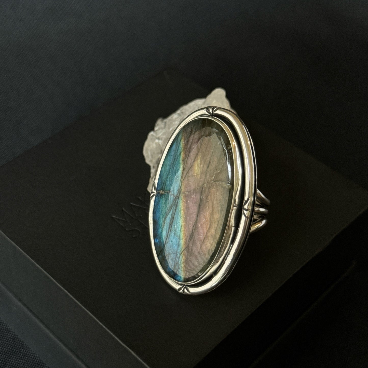 Large Oval Multi Flash Labradorite Sterling Silver Ring - Size S