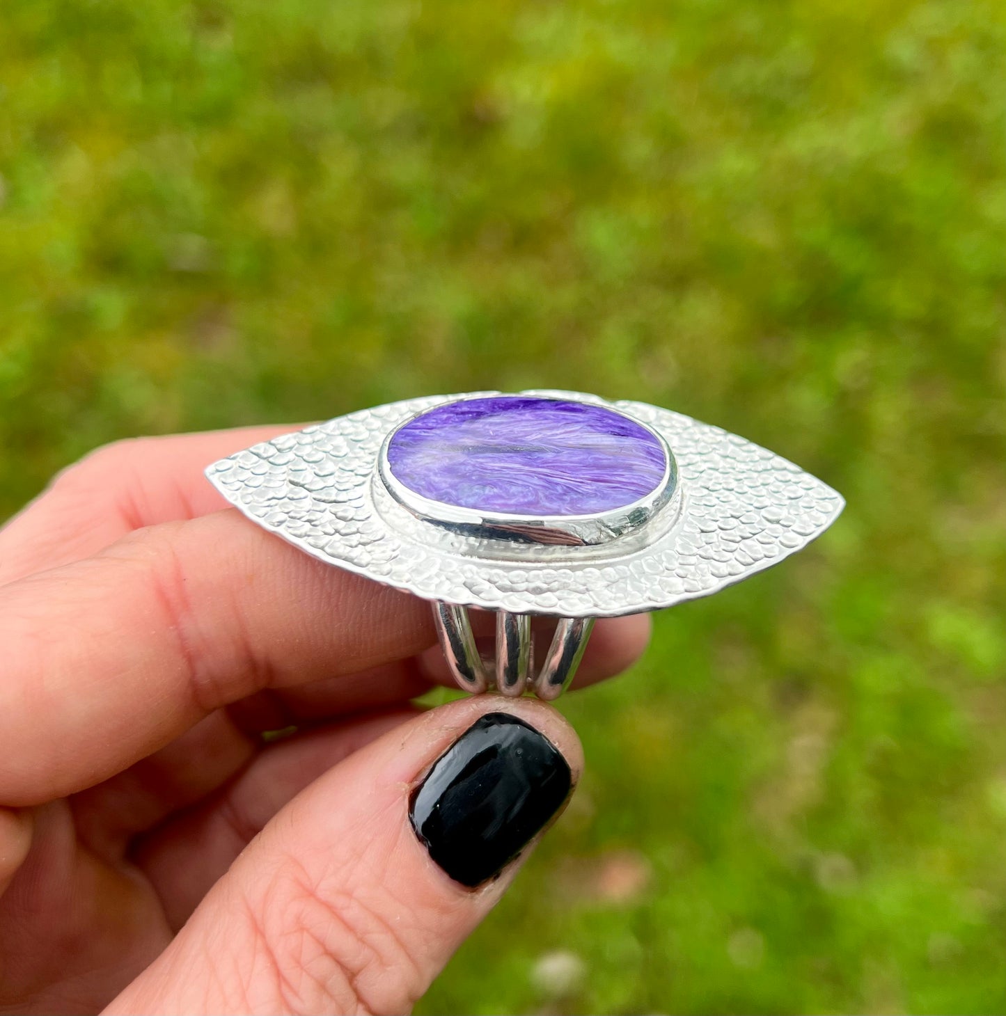 Charoite Hammered Shield Sterling Silver Ring - Size O