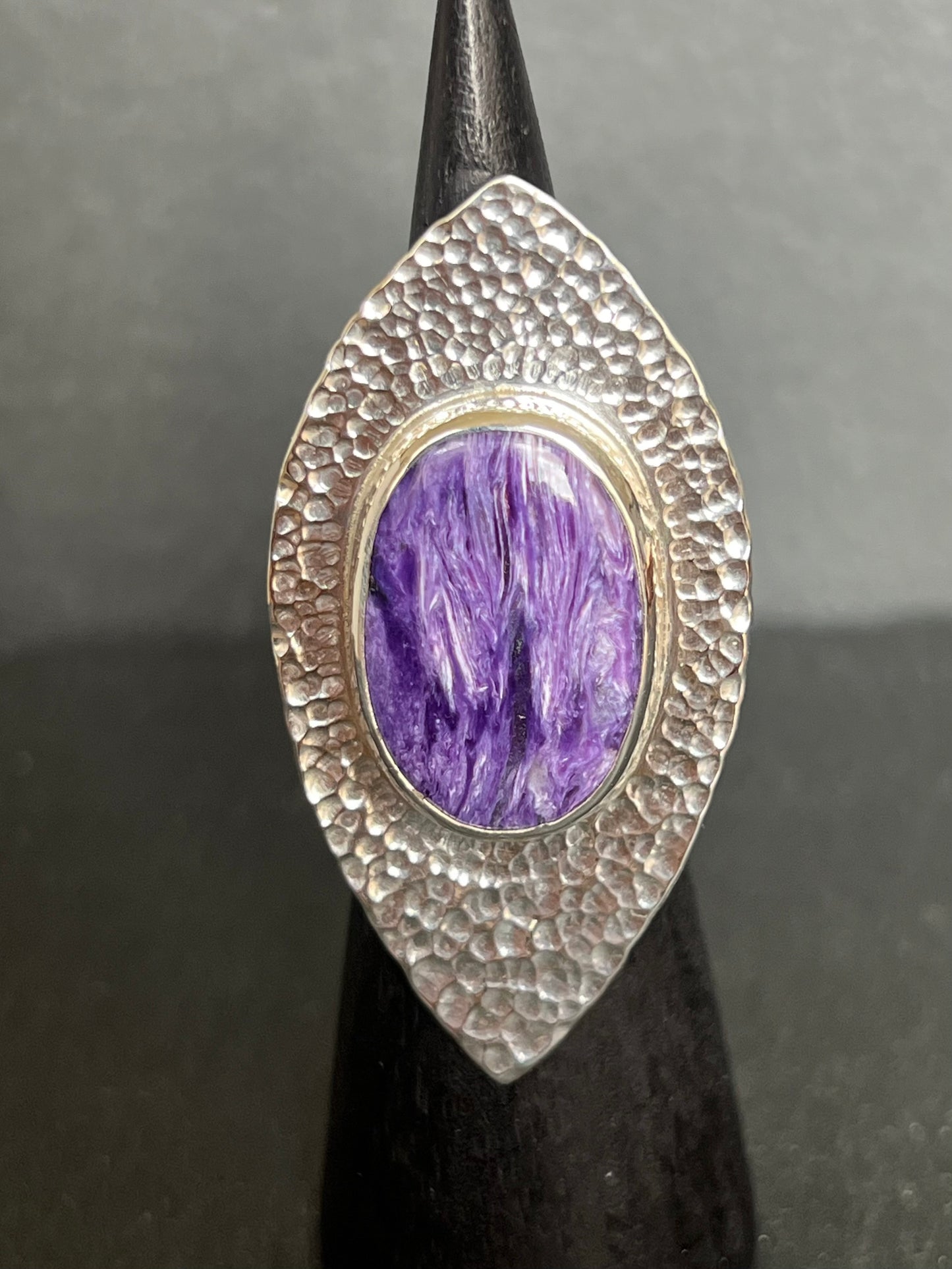 Charoite Hammered Shield Sterling Silver Ring - Size O