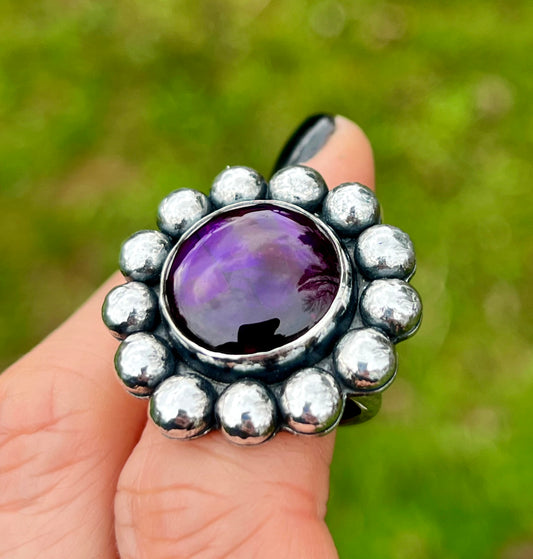 Purple Labradorite Flower Sterling Silver Ring - Size Q