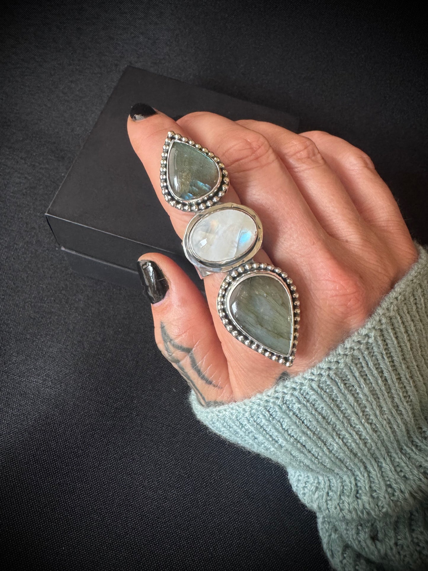 Labradorite and Rainbow Moonstone Triple Stone Sterling Silver Ring - Size R 1/2