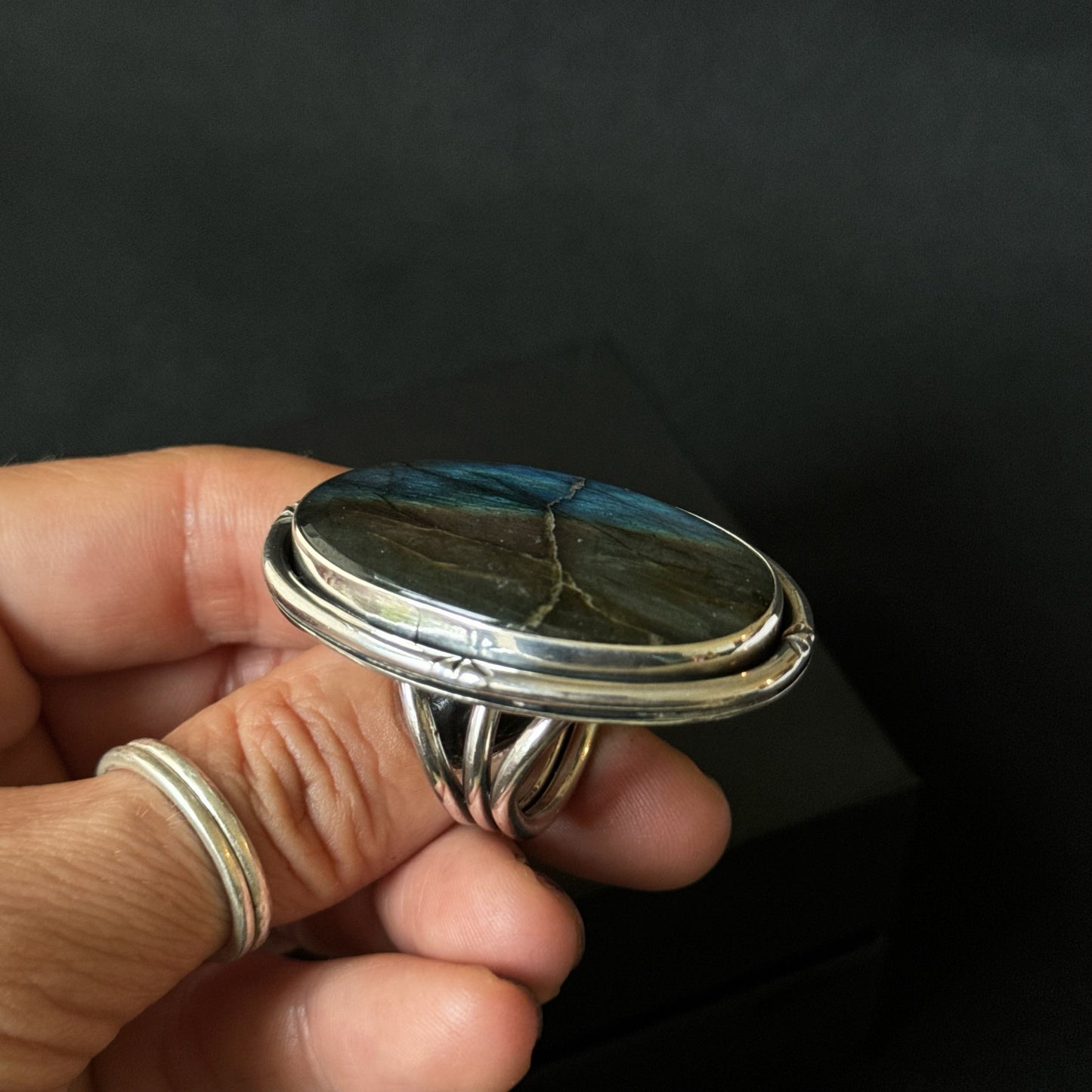 Large Oval Multi Flash Labradorite Sterling Silver Ring - Size S