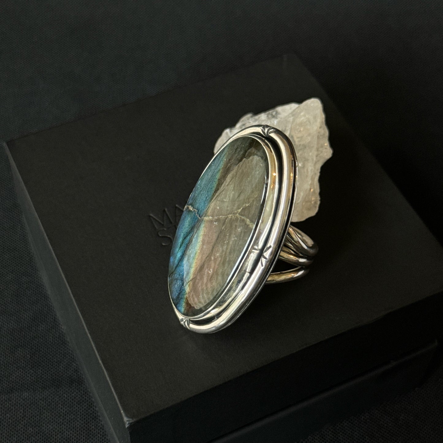 Large Oval Multi Flash Labradorite Sterling Silver Ring - Size S