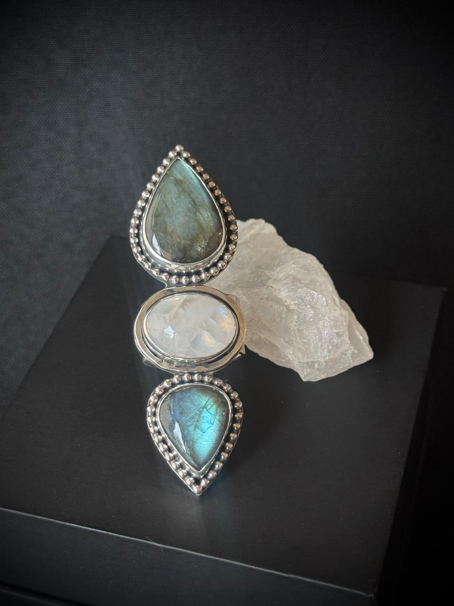 Labradorite and Rainbow Moonstone Triple Stone Sterling Silver Ring - Size R 1/2