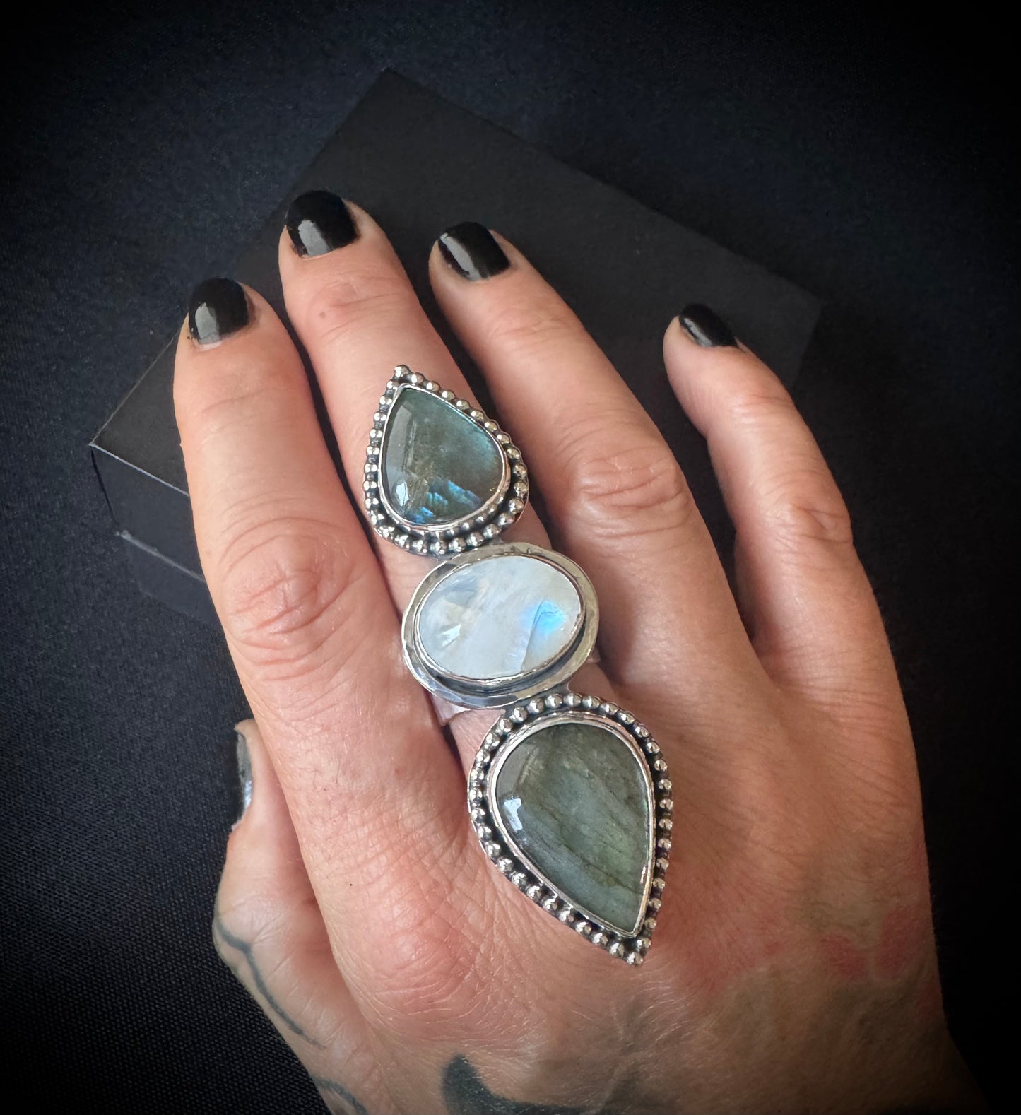 Labradorite and Rainbow Moonstone Triple Stone Sterling Silver Ring - Size R 1/2