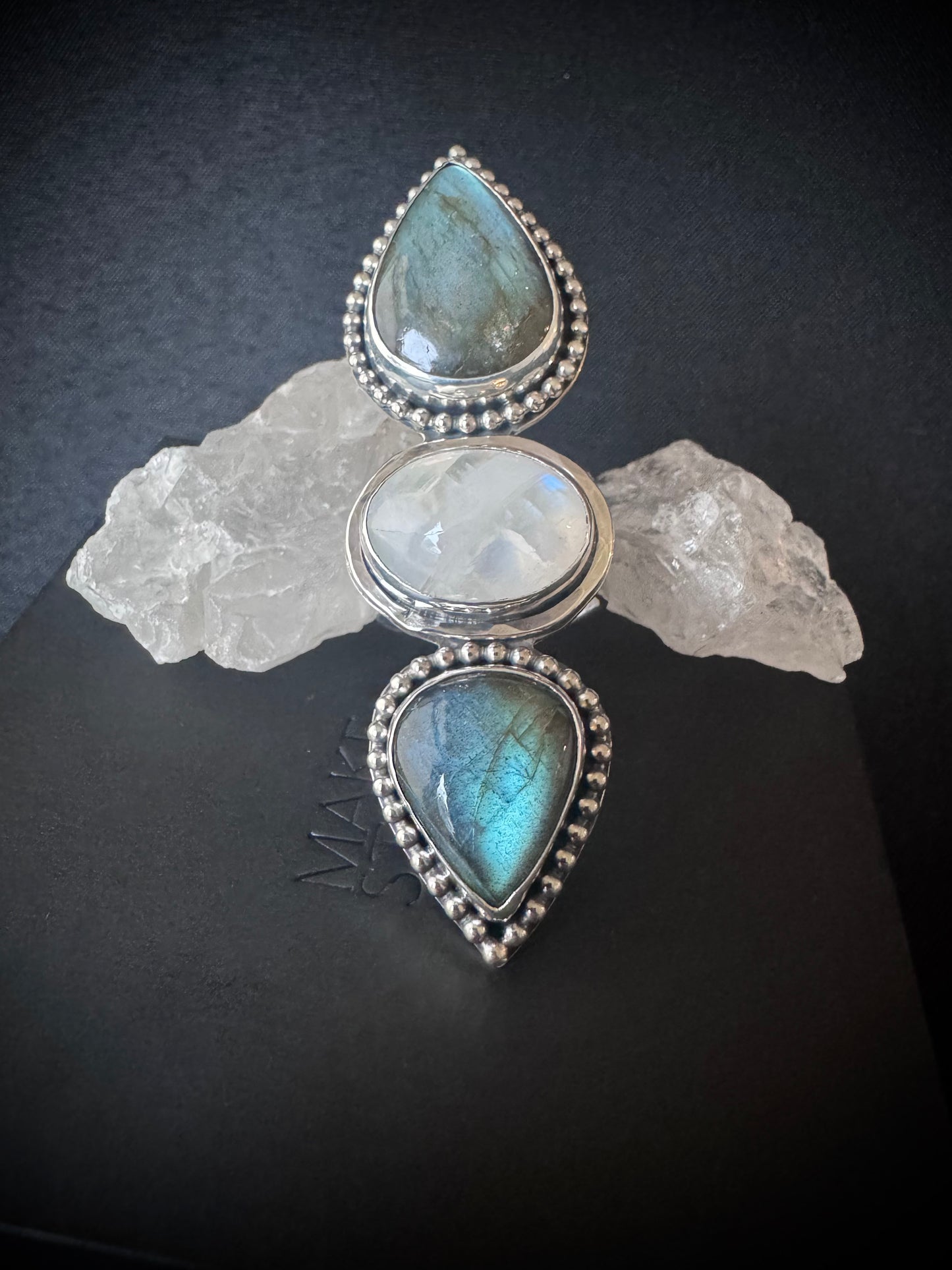 Labradorite and Rainbow Moonstone Triple Stone Sterling Silver Ring - Size R 1/2