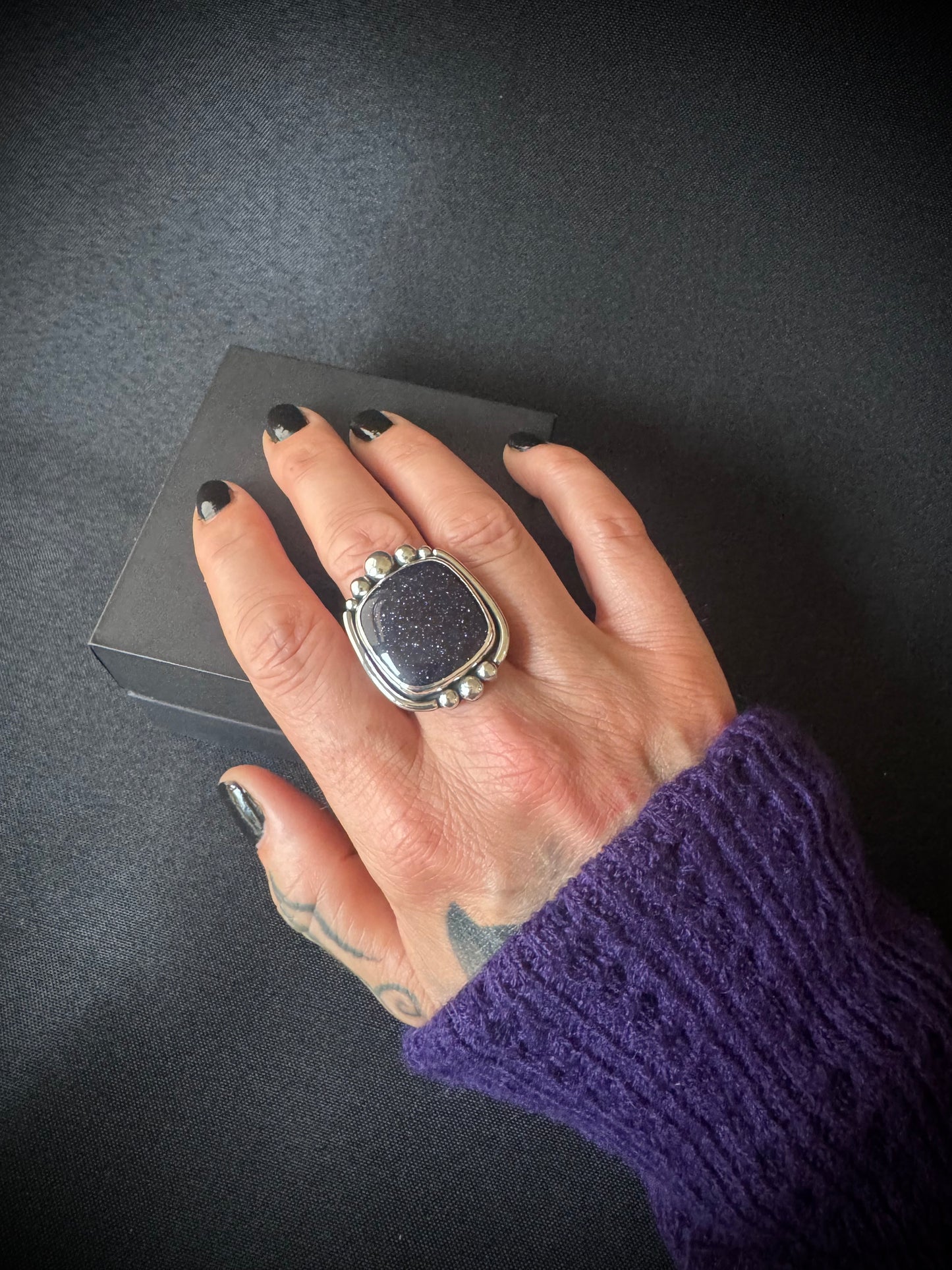 Square Blue Sunstone Sterling Silver Ring - Size V