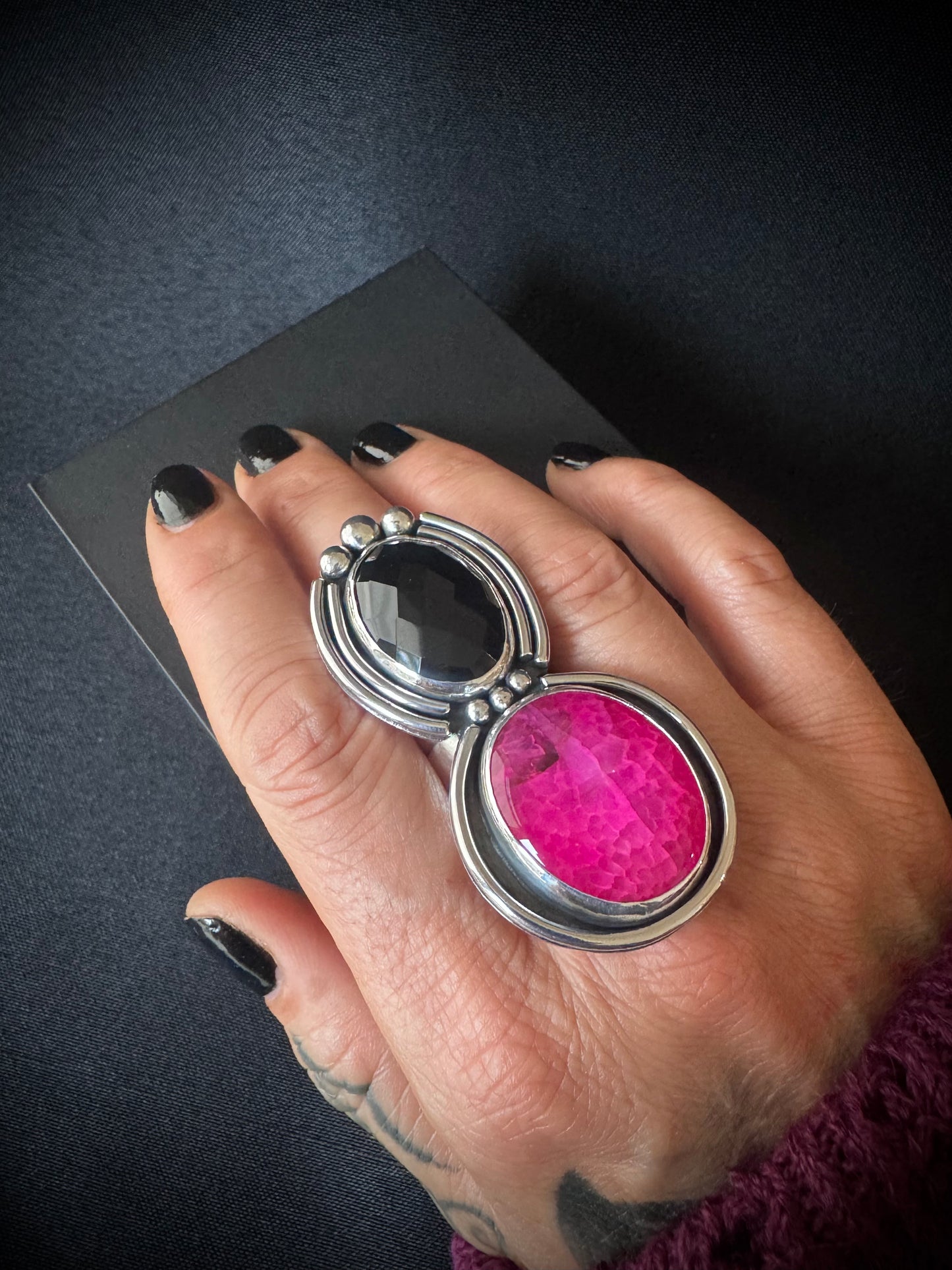 Faceted Black Onyx and Pink Dragon Vein Agate Double Sterling Silver Ring - S 1/2