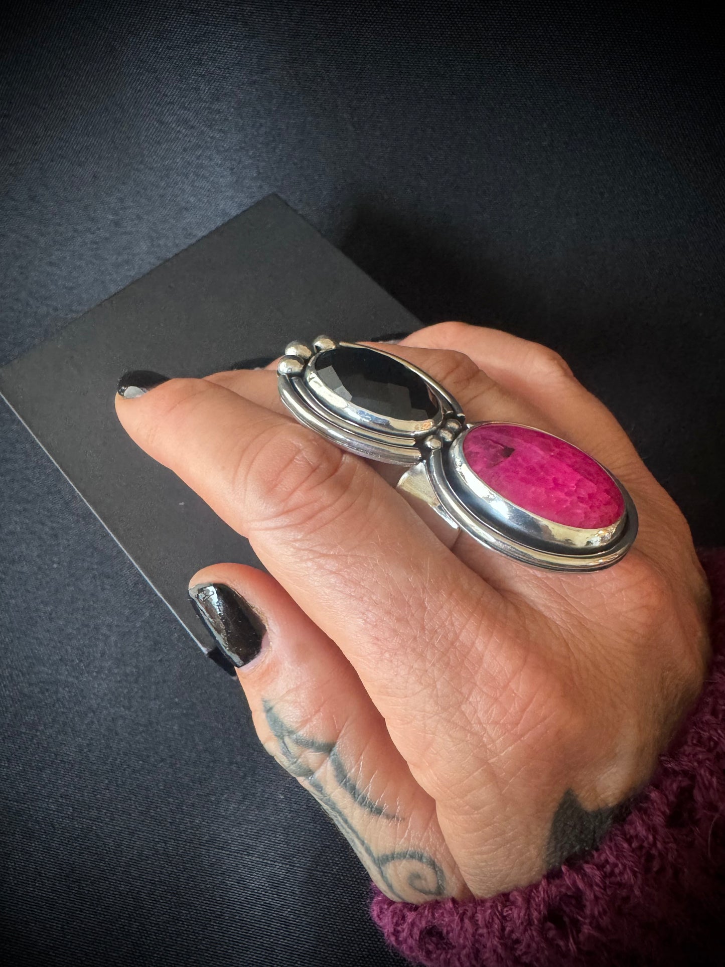 Faceted Black Onyx and Pink Dragon Vein Agate Double Sterling Silver Ring - S 1/2