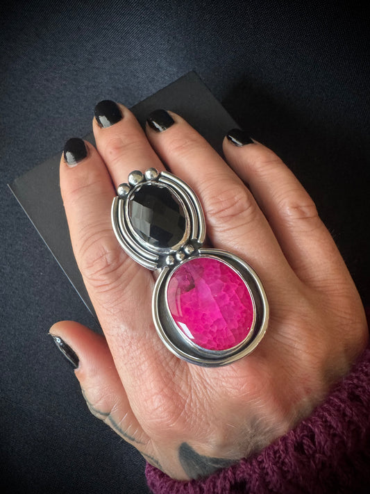 Faceted Black Onyx and Pink Dragon Vein Agate Double Sterling Silver Ring - S 1/2