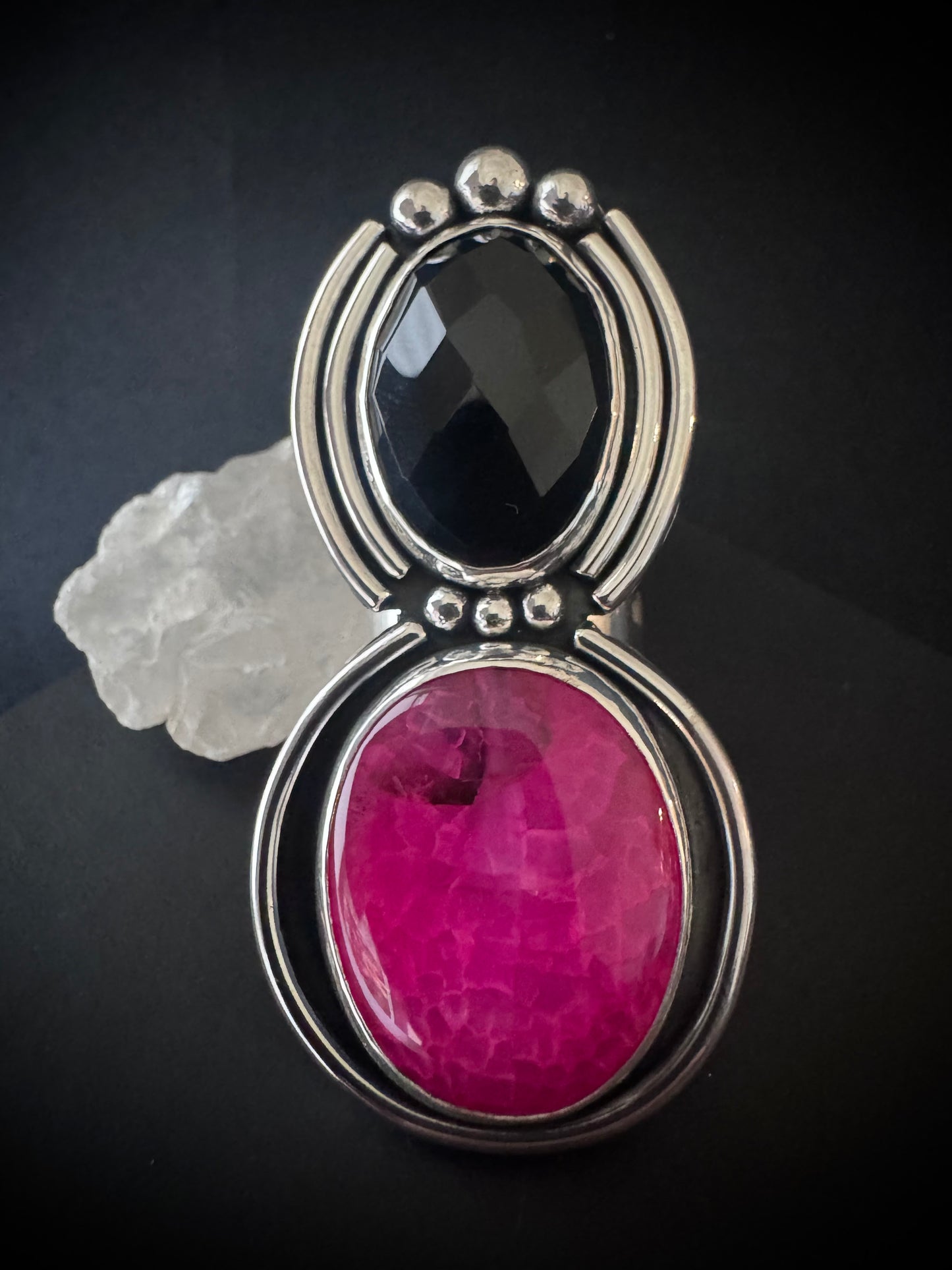 Faceted Black Onyx and Pink Dragon Vein Agate Double Sterling Silver Ring - S 1/2