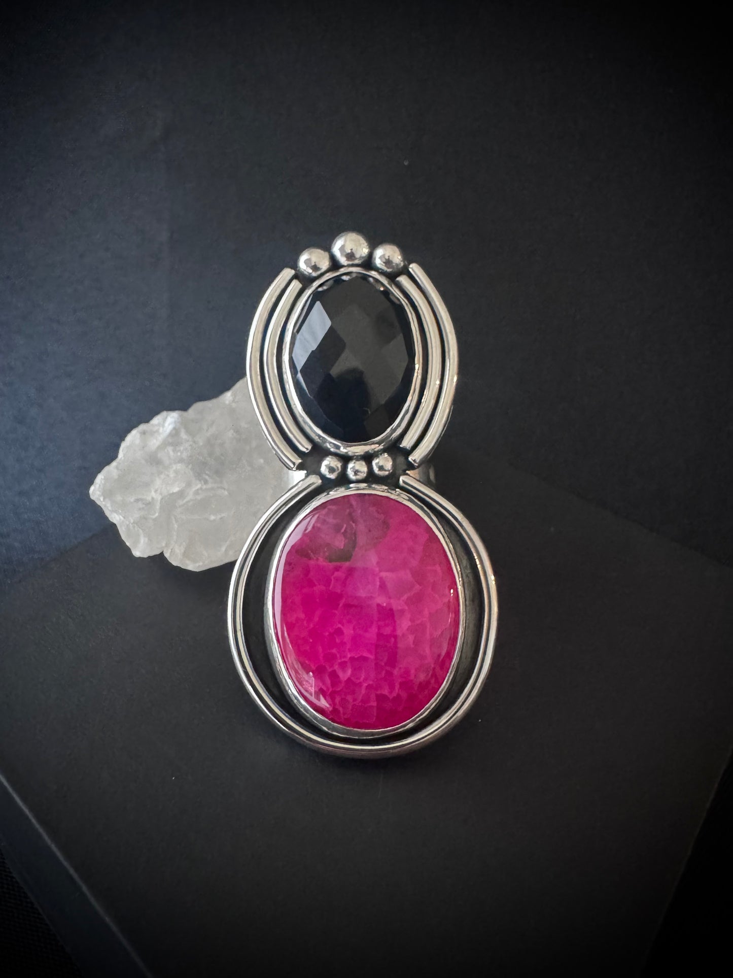 Faceted Black Onyx and Pink Dragon Vein Agate Double Sterling Silver Ring - S 1/2