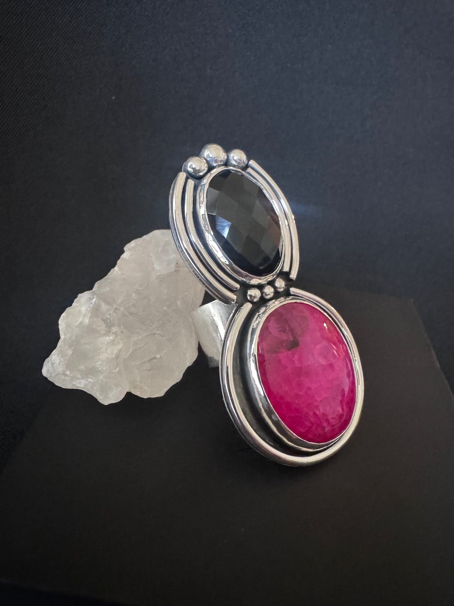 Faceted Black Onyx and Pink Dragon Vein Agate Double Sterling Silver Ring - S 1/2
