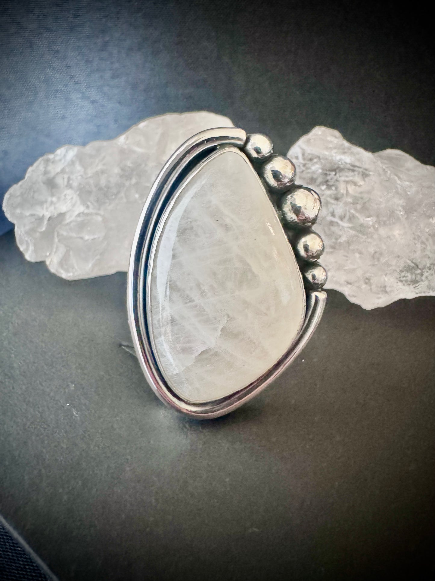 Irregular Shaped Rainbow Moonstone Sterling Silver Ring - size V