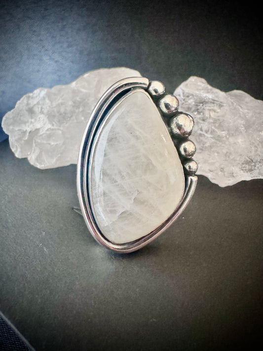 Irregular Shaped Rainbow Moonstone Sterling Silver Ring - size V