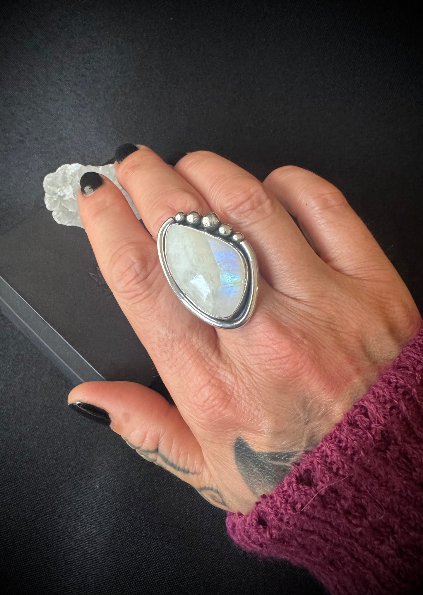 Irregular Shaped Rainbow Moonstone Sterling Silver Ring - size V