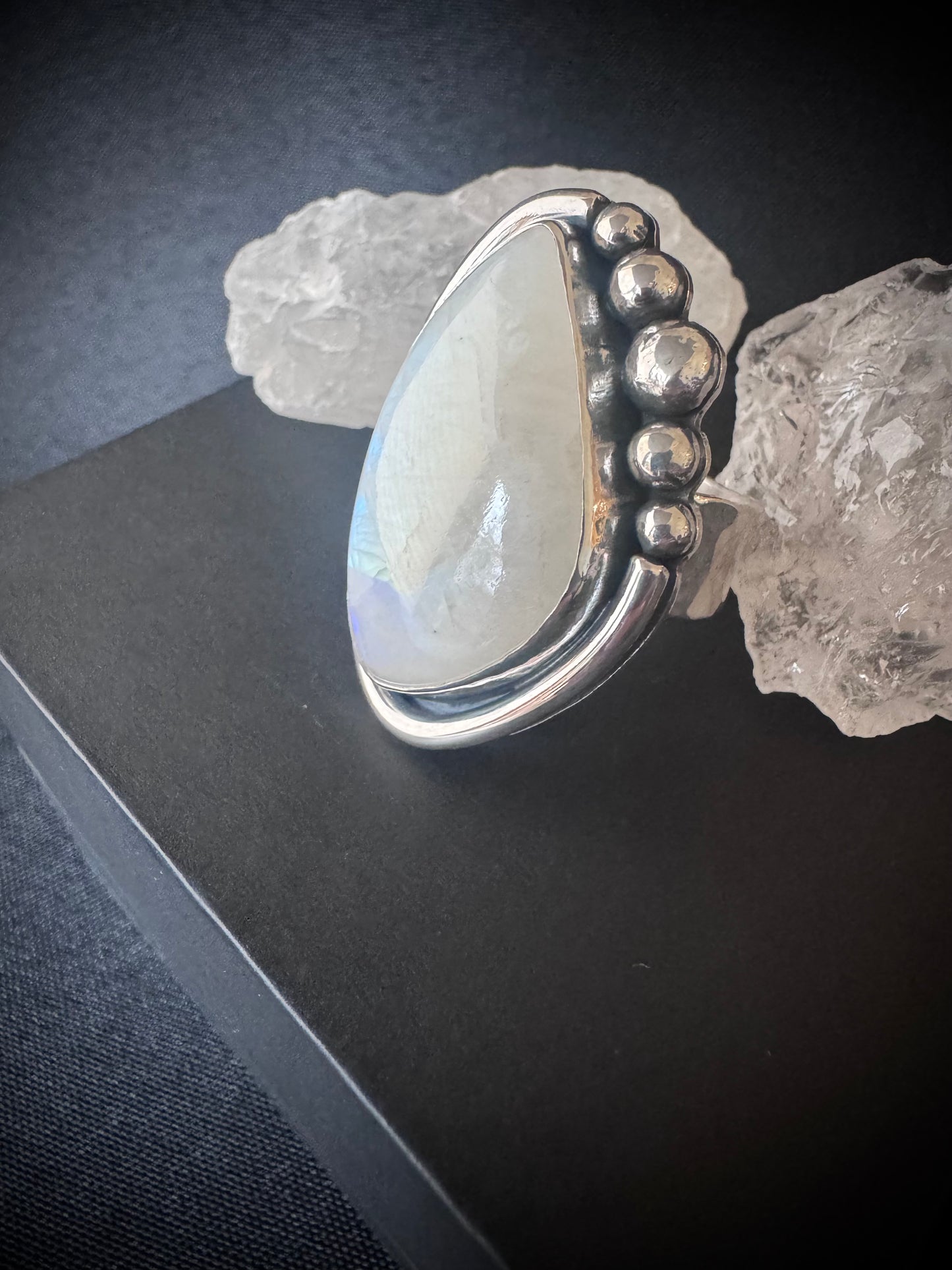 Irregular Shaped Rainbow Moonstone Sterling Silver Ring - size V