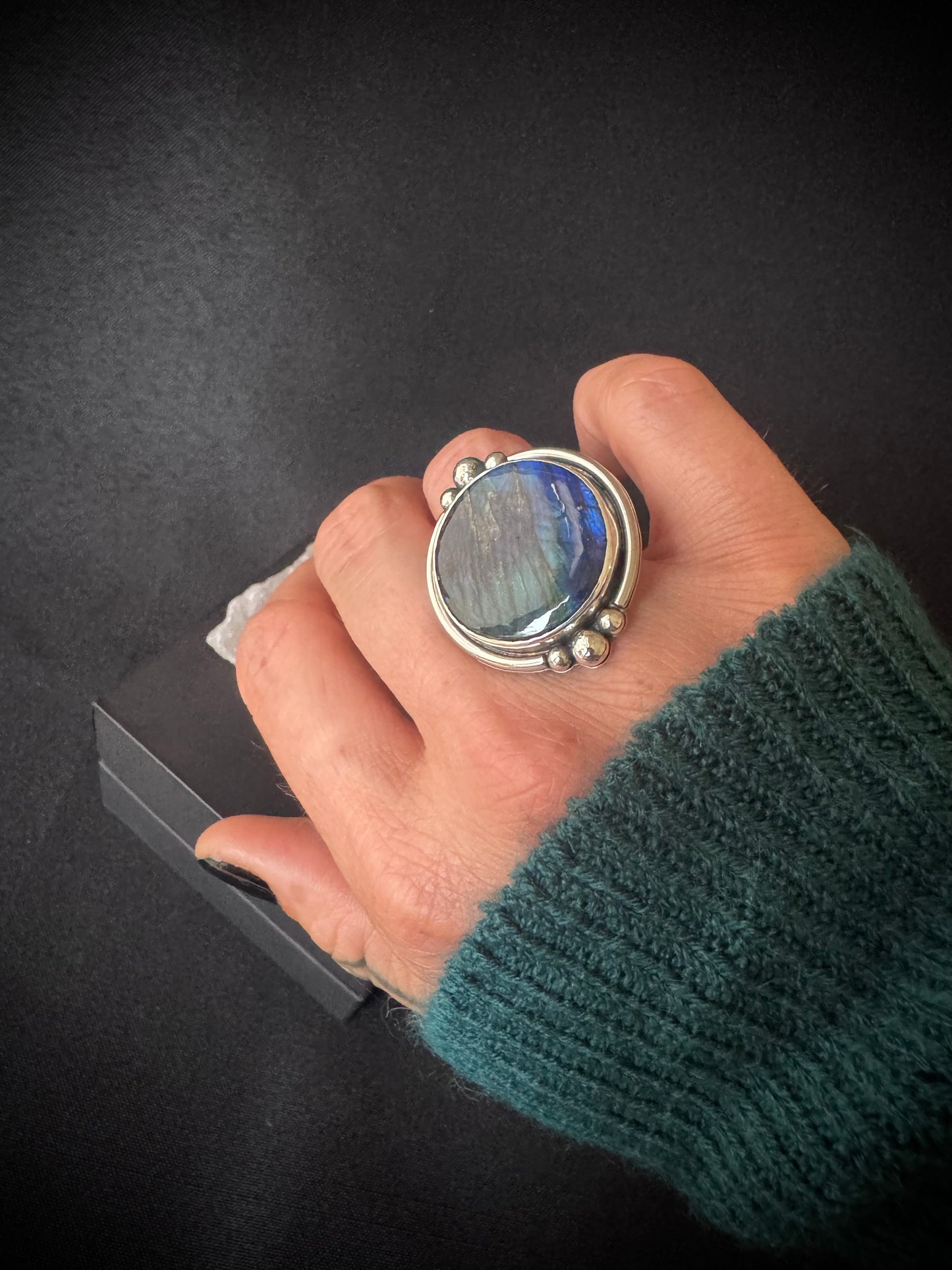 Round Labradorite Sterling Silver Ring - Size P 1/2