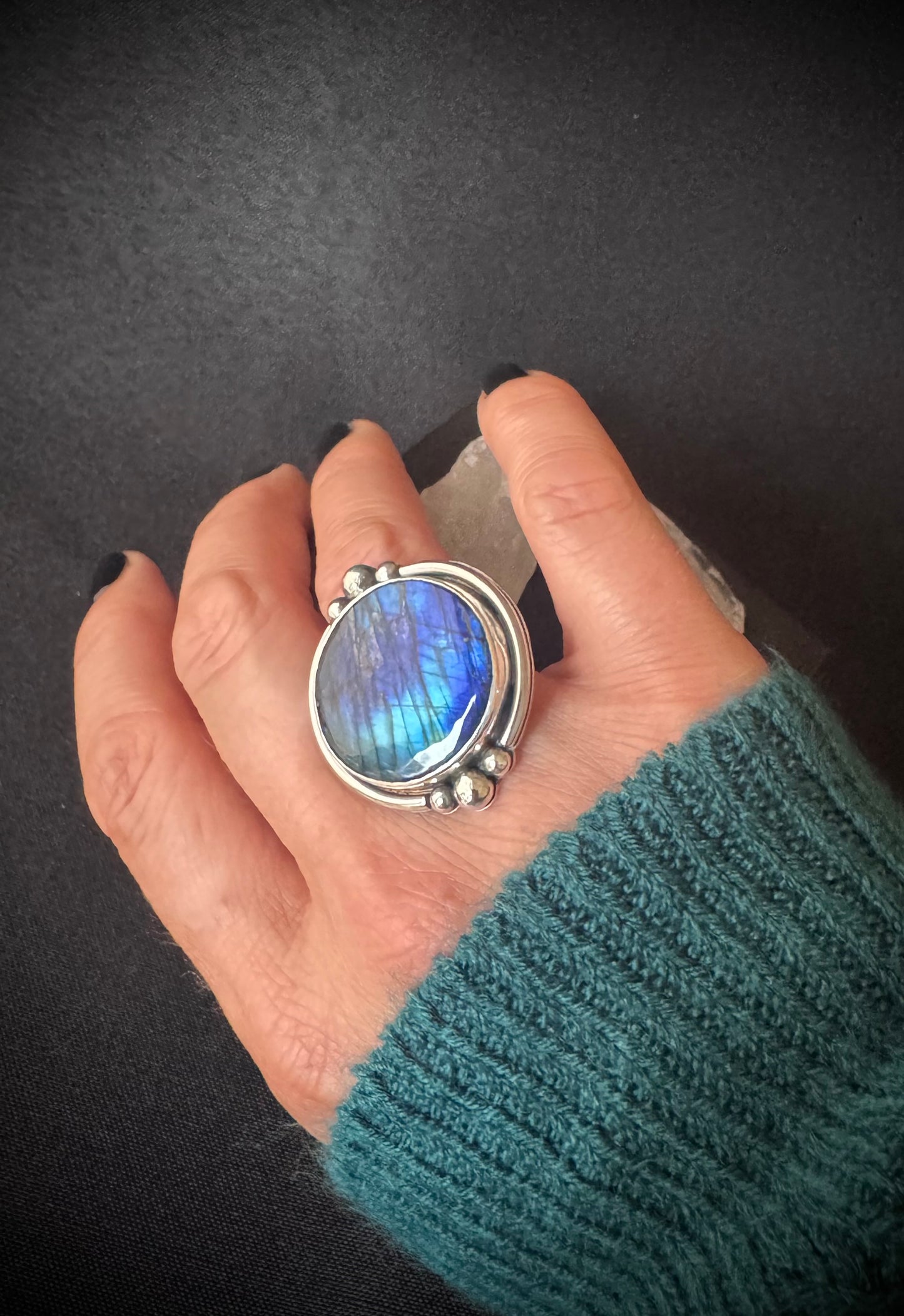 Round Labradorite Sterling Silver Ring - Size P 1/2