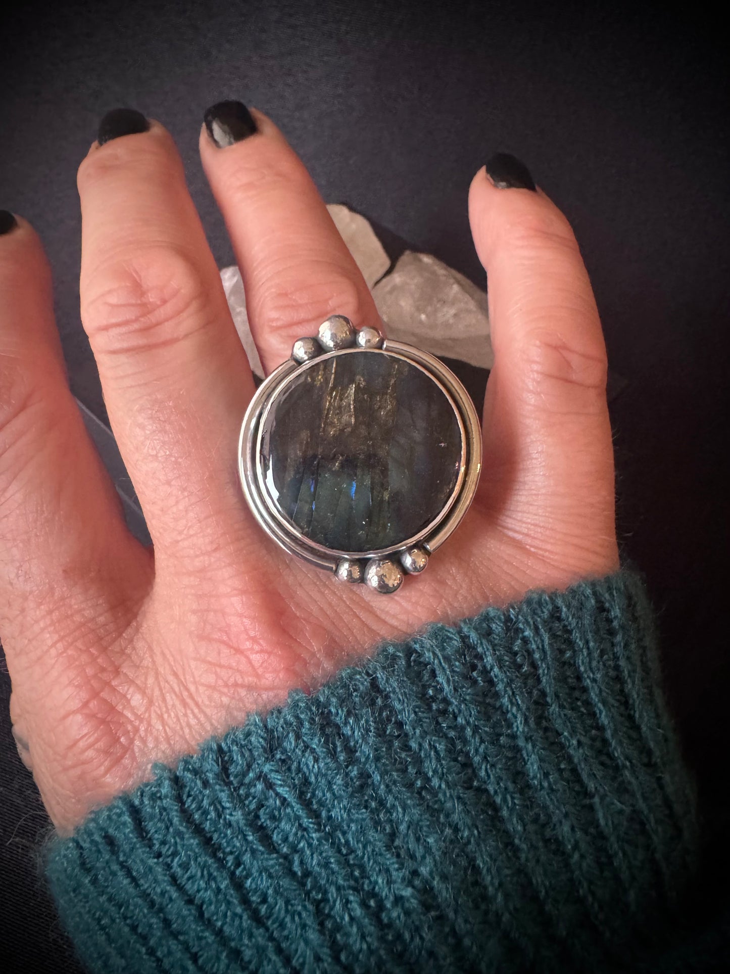 Round Labradorite Sterling Silver Ring - Size P 1/2