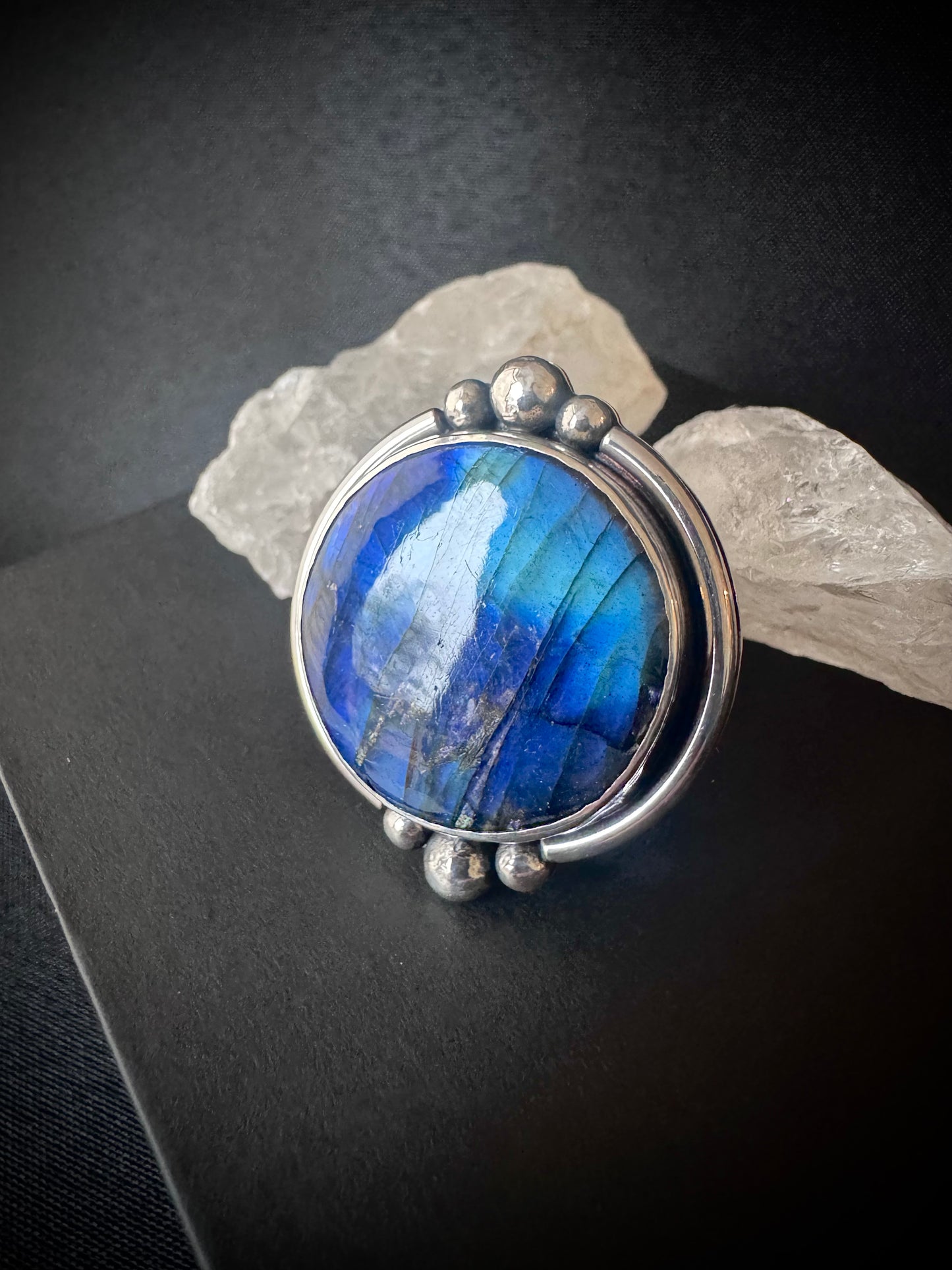 Round Labradorite Sterling Silver Ring - Size P 1/2