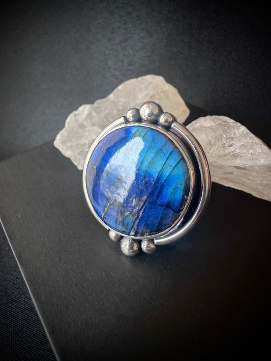 Round Labradorite Sterling Silver Ring - Size P 1/2