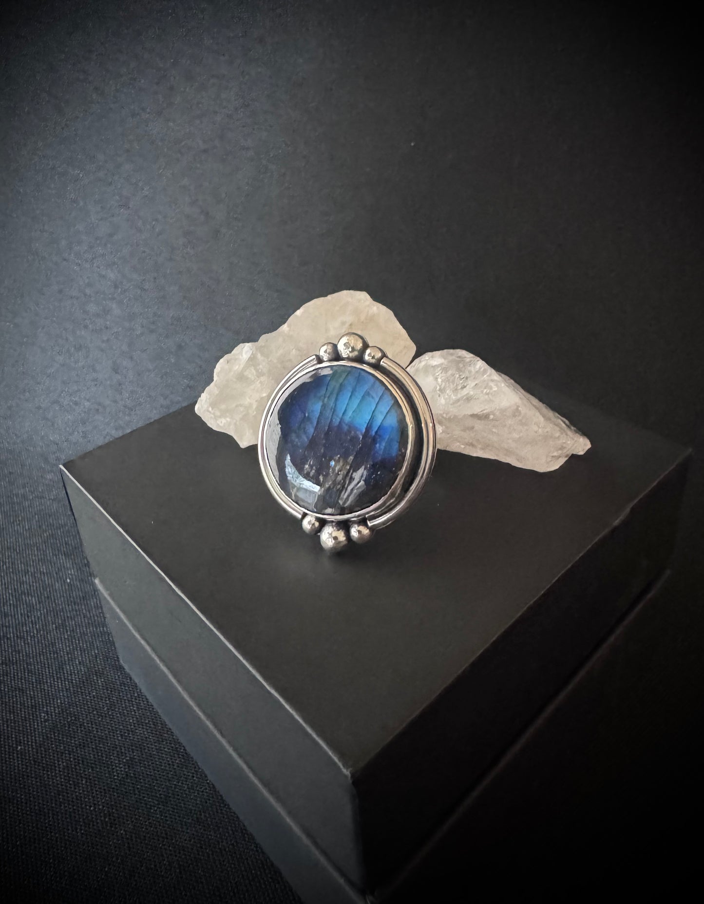 Round Labradorite Sterling Silver Ring - Size P 1/2