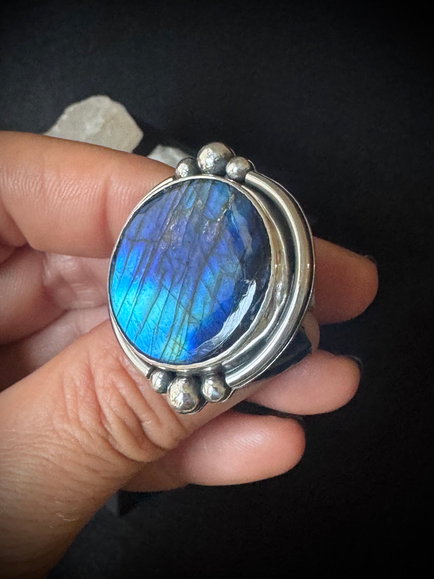 Round Labradorite Sterling Silver Ring - Size P 1/2