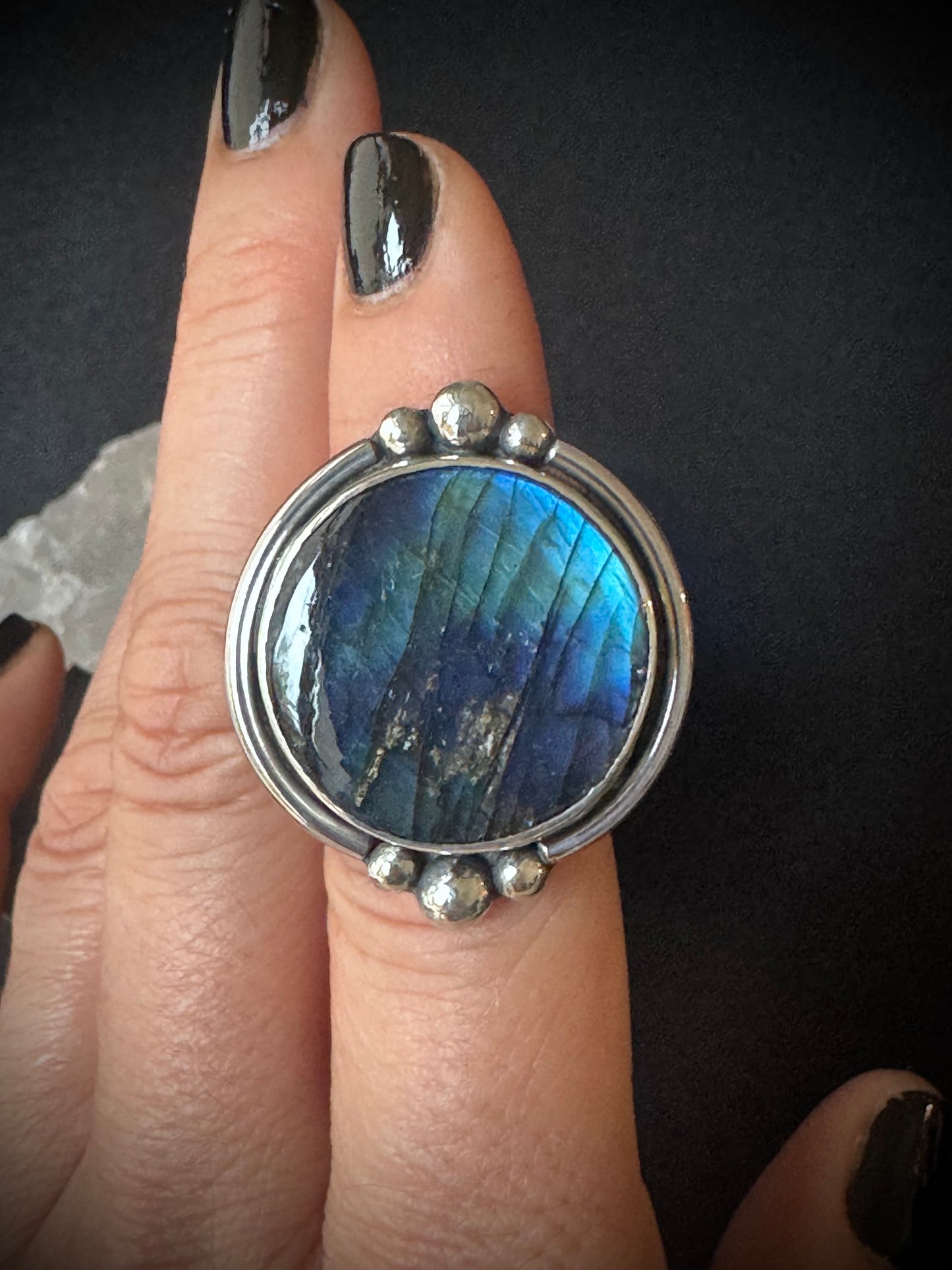 Round Labradorite Sterling Silver Ring - Size P 1/2
