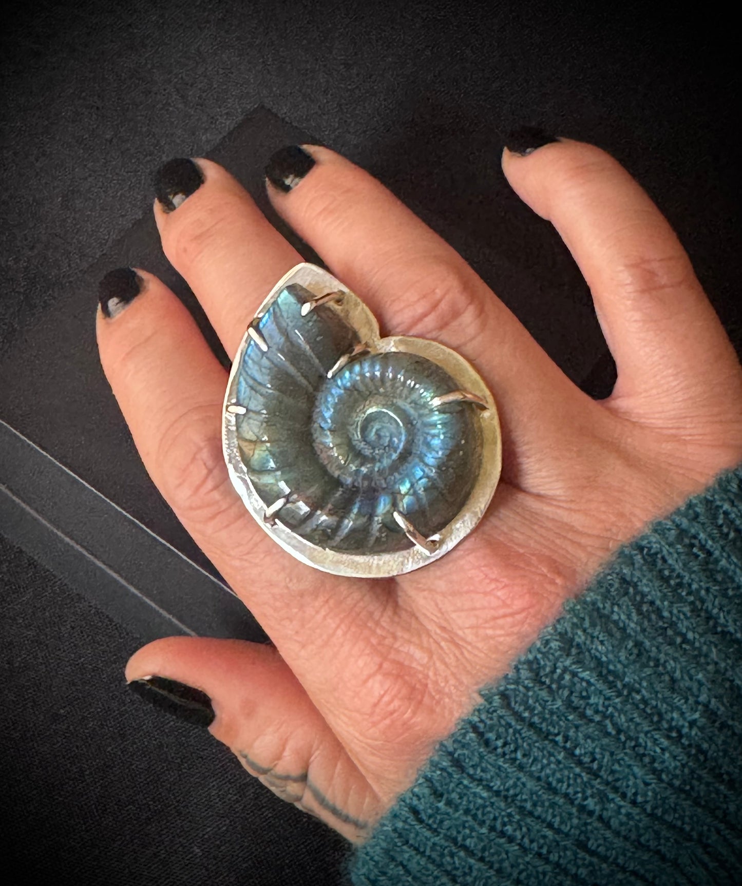 Large Carved Labradorite Sterling Silver Ring - Size U