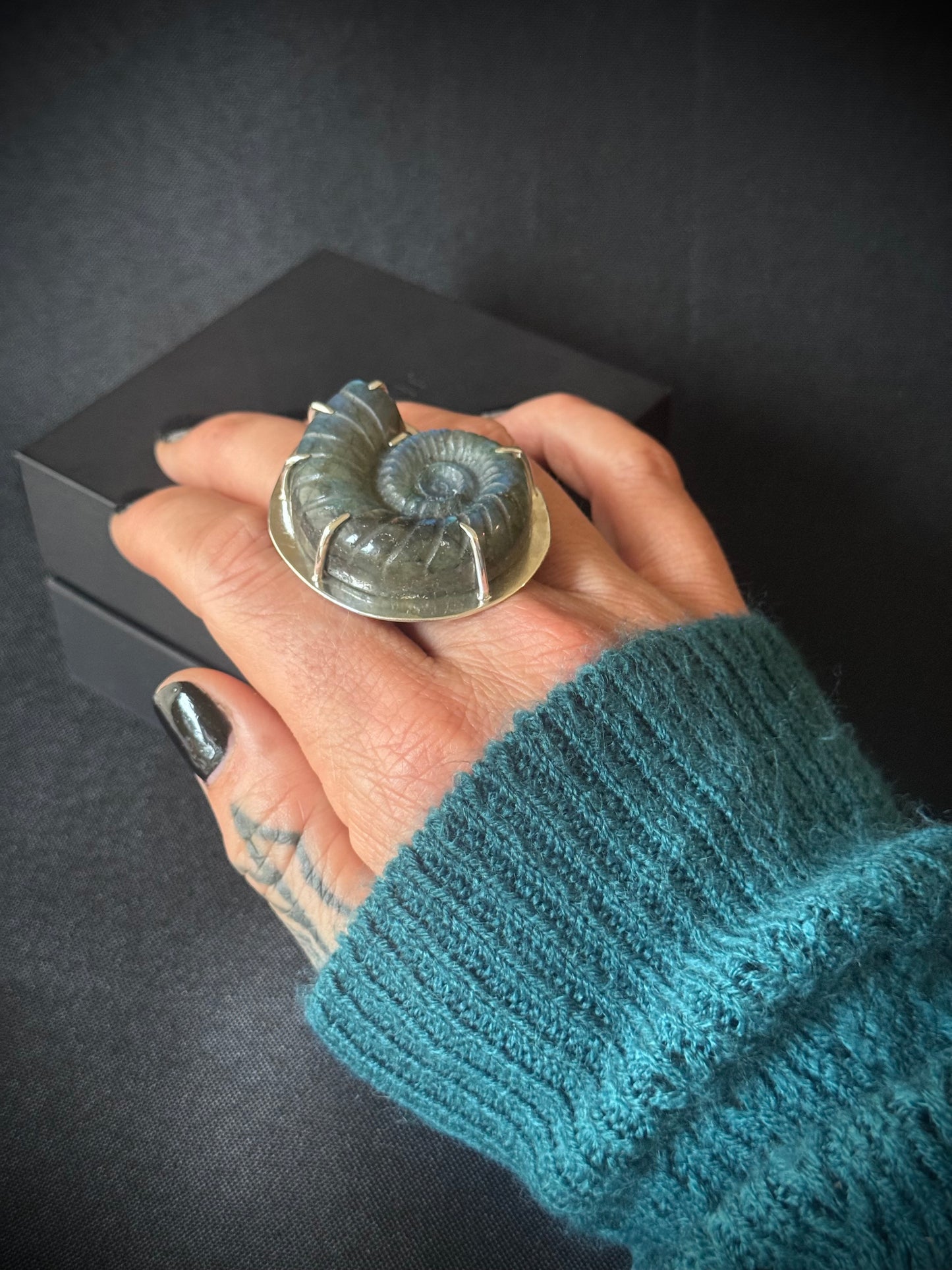 Large Carved Labradorite Sterling Silver Ring - Size U