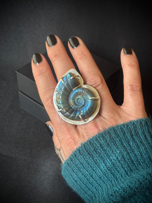 Large Carved Labradorite Sterling Silver Ring - Size U